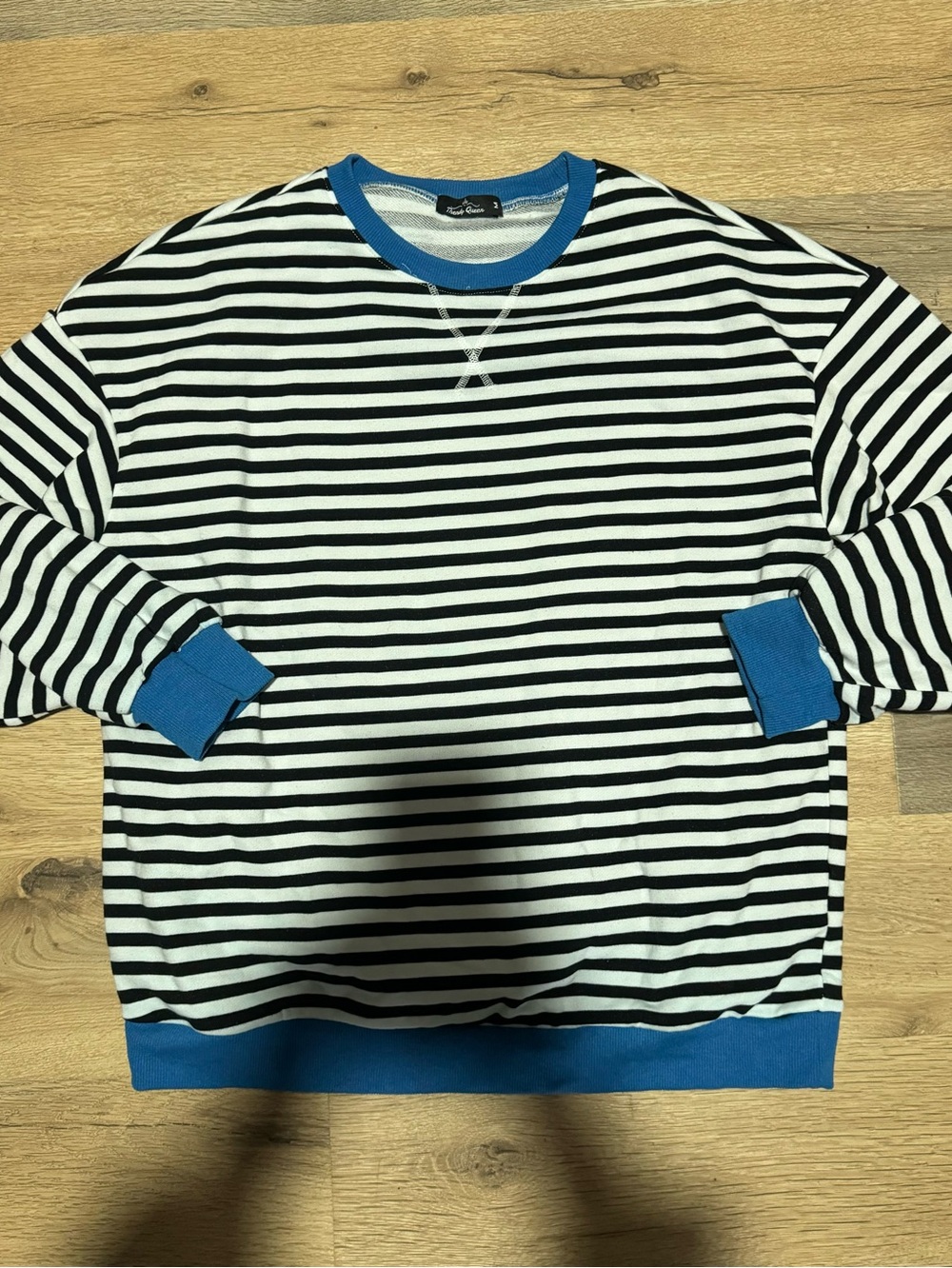 Black and White Striped with Blue Crewneck Sweatshirt